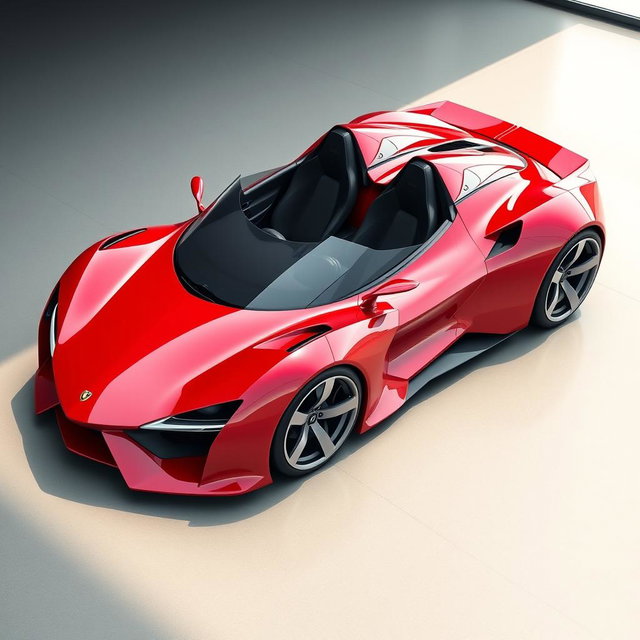 A sleek, red two-seater sports car designed for maximum aerodynamics, showcasing a futuristic and aggressive style