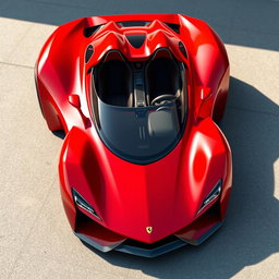 A sleek, red two-seater sports car designed for maximum aerodynamics, showcasing a futuristic and aggressive style