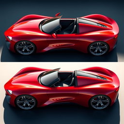 A sleek, red two-seater sports car designed for maximum aerodynamics, showcasing a futuristic and aggressive style
