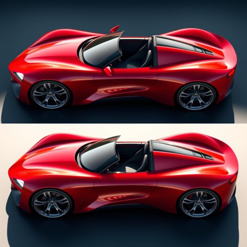 A sleek, red two-seater sports car designed for maximum aerodynamics, showcasing a futuristic and aggressive style