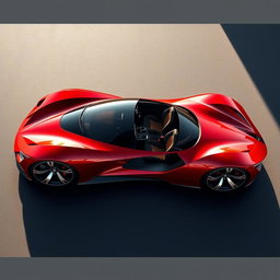 A sleek, red two-seater sports car designed for maximum aerodynamics, showcasing a futuristic and aggressive style