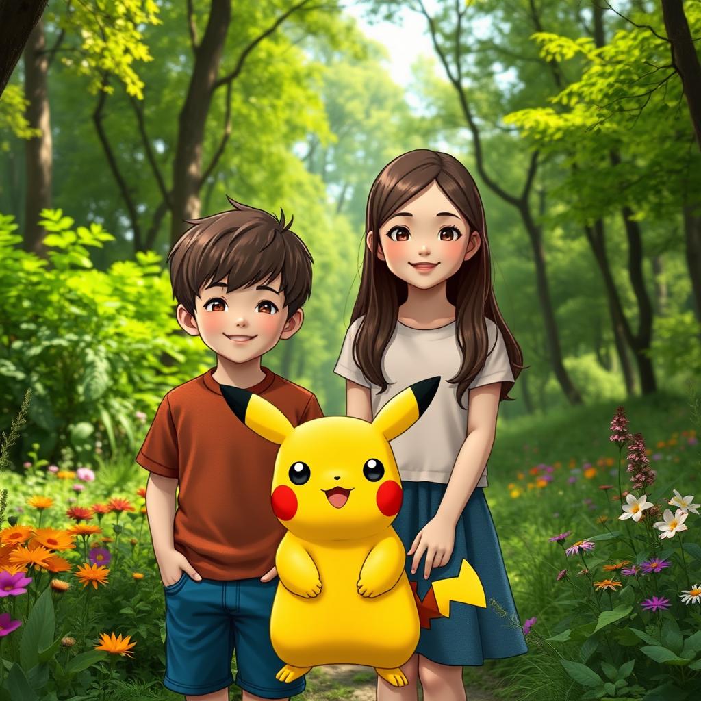 A brown-haired boy and a brown-haired girl of the same height standing in a lush green forest, surrounded by vibrant trees and colorful flowers