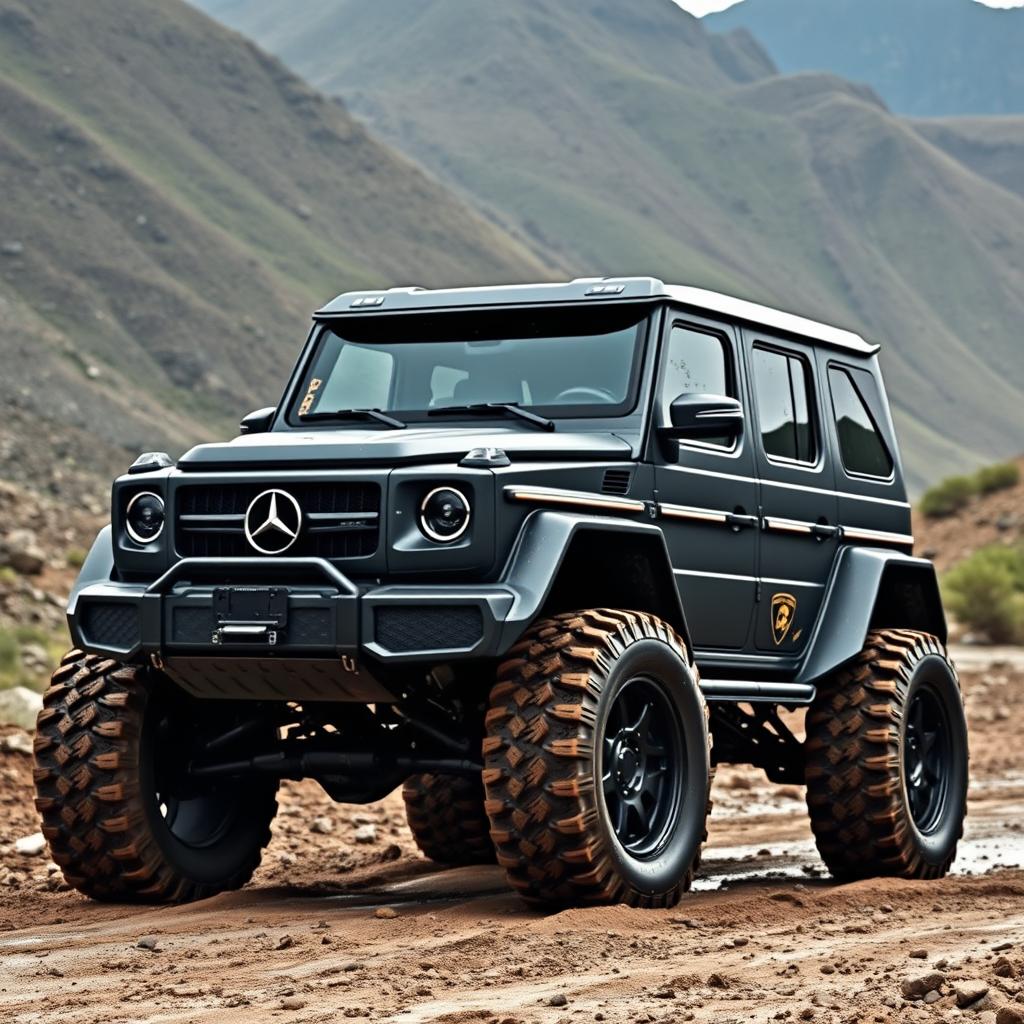 A robust, matte black off-road vehicle featuring wide tires, combining elements from a Mercedes G-Class and a Lamborghini Urus