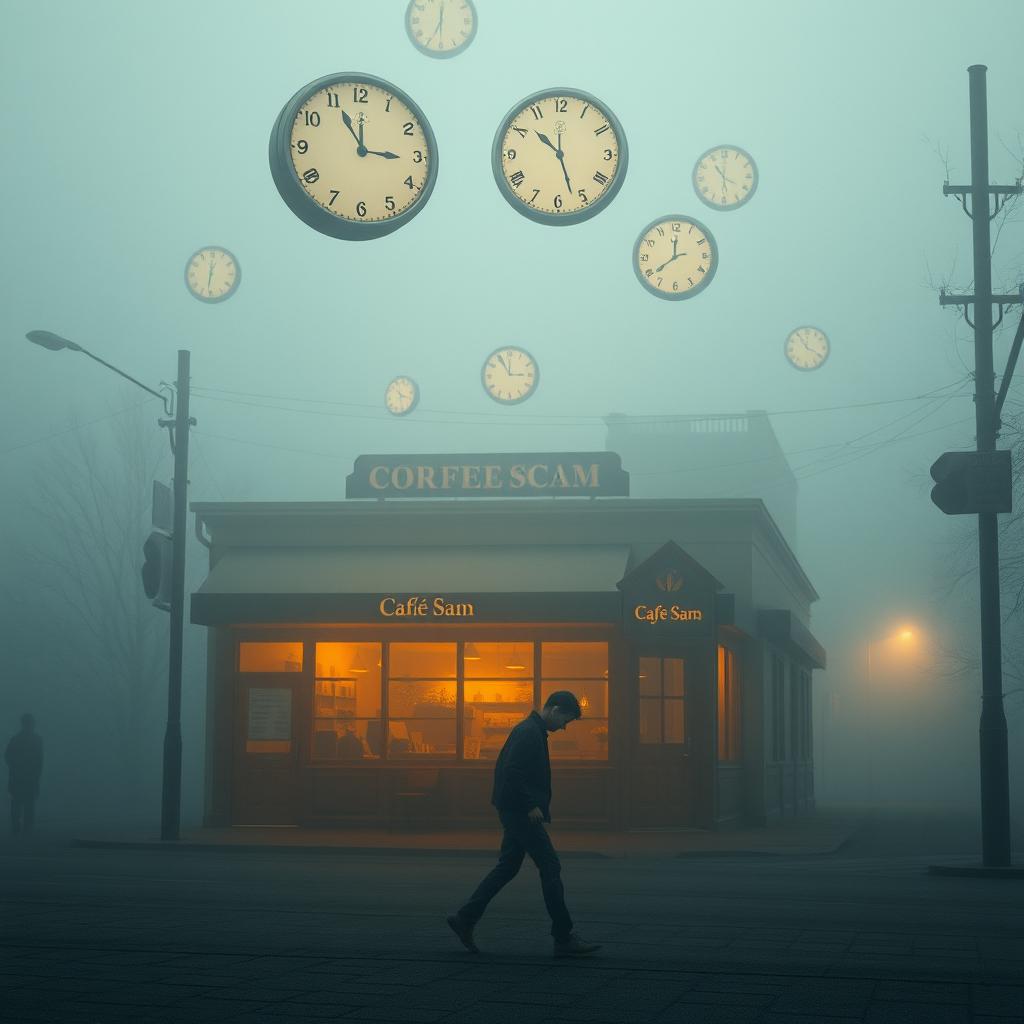 A foggy street scene with soft lighting, featuring a solitary figure walking with their head down