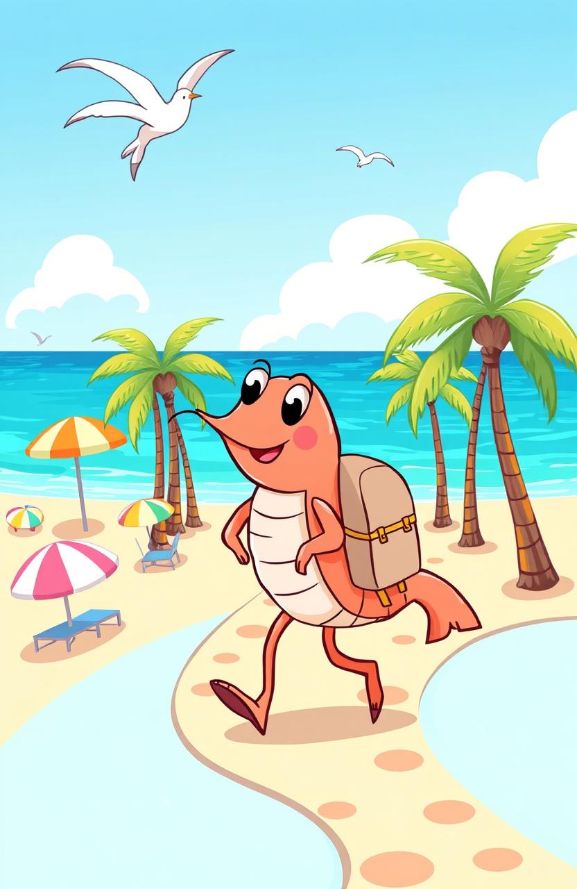 A whimsical illustration of a cheerful shrimp wearing a cute little backpack, strolling along a vibrant beach path with palm trees and colorful beach umbrellas