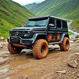 A rugged, matte black off-road vehicle featuring wide tires, combining the muscular body style of a Mercedes G-Class and the aggressive design of a Lamborghini Urus