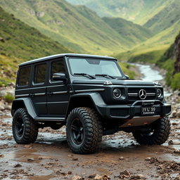 A rugged, matte black off-road vehicle featuring wide tires, combining the muscular body style of a Mercedes G-Class and the aggressive design of a Lamborghini Urus