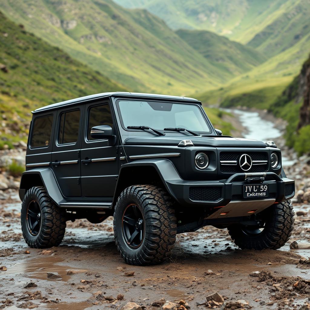A rugged, matte black off-road vehicle featuring wide tires, combining the muscular body style of a Mercedes G-Class and the aggressive design of a Lamborghini Urus