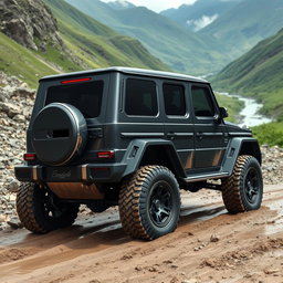 A rugged, matte black off-road vehicle featuring wide tires, combining the muscular body style of a Mercedes G-Class and the aggressive design of a Lamborghini Urus