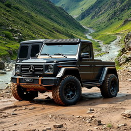 A rugged, matte black off-road vehicle featuring wide tires, combining the muscular body style of a Mercedes G-Class and the aggressive design of a Lamborghini Urus