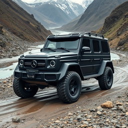 A rugged, matte black off-road vehicle with wide tires, designed for competitive racing in the Dakar Rally