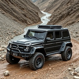A rugged, matte black off-road vehicle with wide tires, designed for competitive racing in the Dakar Rally