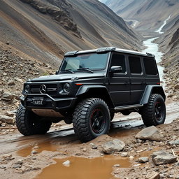 A rugged, matte black off-road vehicle with wide tires, designed for competitive racing in the Dakar Rally