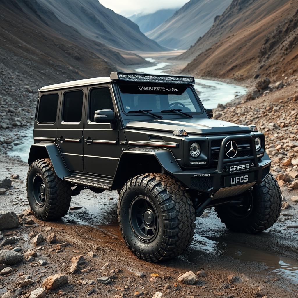 A rugged, matte black off-road vehicle with wide tires, designed for competitive racing in the Dakar Rally