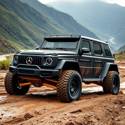A powerful, matte black off-road vehicle with wide tires and a distinctive body blending the robust features of a Mercedes G-Class and the sporty lines of a Lamborghini Urus