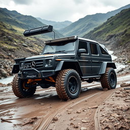 A powerful, matte black off-road vehicle with wide tires and a distinctive body blending the robust features of a Mercedes G-Class and the sporty lines of a Lamborghini Urus