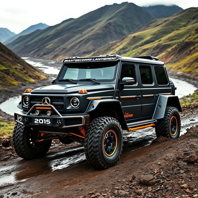 A powerful, matte black off-road vehicle with wide tires and a distinctive body blending the robust features of a Mercedes G-Class and the sporty lines of a Lamborghini Urus