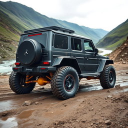A powerful, matte black off-road vehicle with wide tires and a distinctive body blending the robust features of a Mercedes G-Class and the sporty lines of a Lamborghini Urus