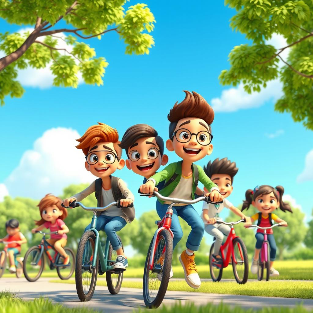 A vibrant and colorful 3D cartoon scene featuring a group of fun teenage kids engaging in a lively outdoor activity, such as riding bikes or playing games in a park