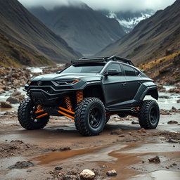 A powerful off-road vehicle with a matte black finish and wide tires, featuring a body inspired by the Lamborghini Urus, specifically designed for competitive racing in the Dakar Rally