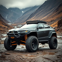 A powerful off-road vehicle with a matte black finish and wide tires, featuring a body inspired by the Lamborghini Urus, specifically designed for competitive racing in the Dakar Rally