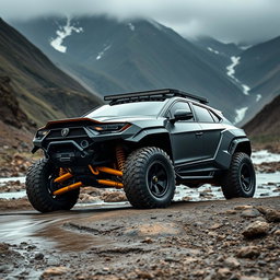 A powerful off-road vehicle with a matte black finish and wide tires, featuring a body inspired by the Lamborghini Urus, specifically designed for competitive racing in the Dakar Rally