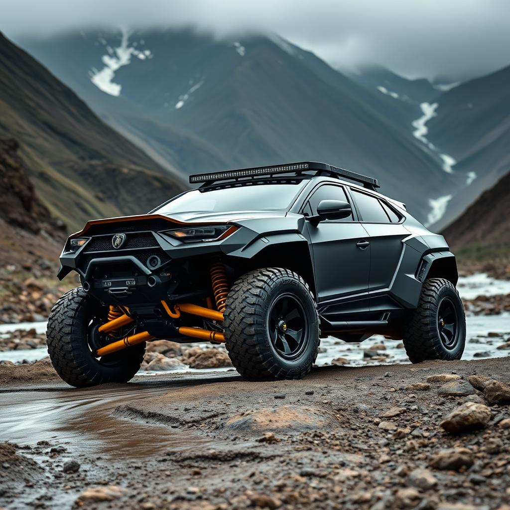 A powerful off-road vehicle with a matte black finish and wide tires, featuring a body inspired by the Lamborghini Urus, specifically designed for competitive racing in the Dakar Rally