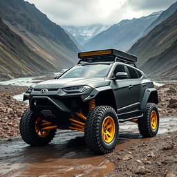 A powerful off-road vehicle with a matte black finish and wide tires, featuring a body inspired by the Lamborghini Urus, specifically designed for competitive racing in the Dakar Rally