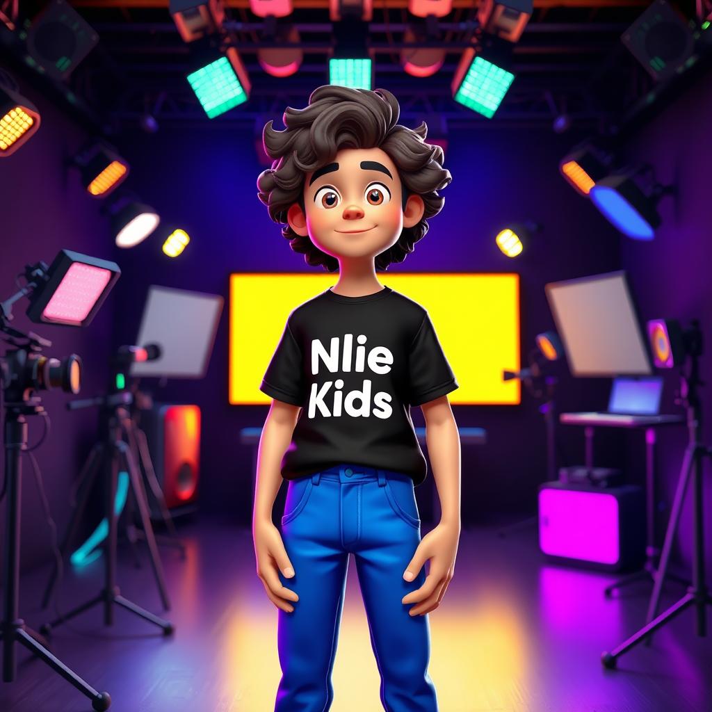 A 3D animated image of a teenage boy with long curly hair, wearing a black t-shirt featuring the white text 'Nlie Kids'