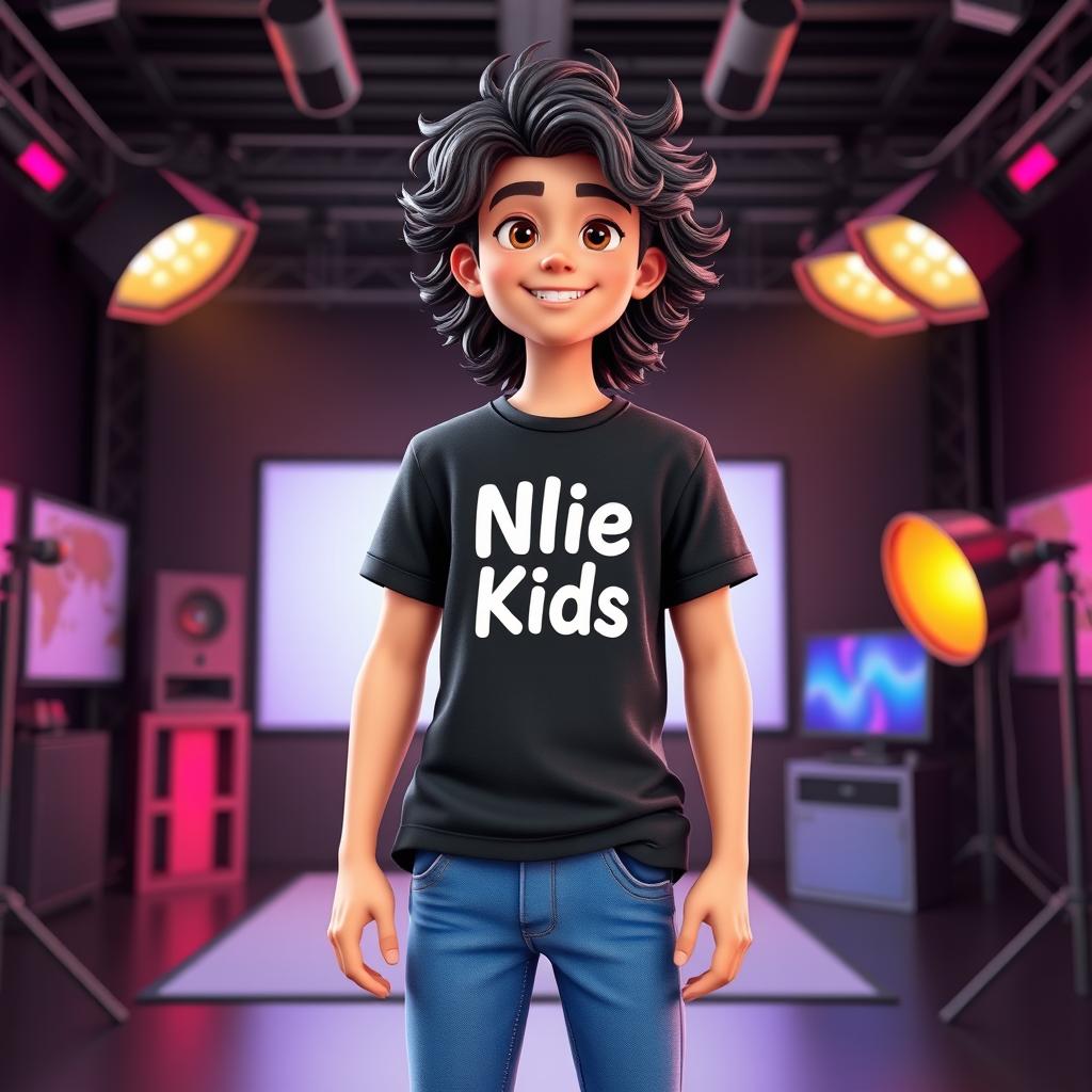 A dynamic 3D animation image showcasing a teenage boy with long, wavy curly hair, confidently wearing a stylish black t-shirt featuring the white logo 'Nlie Kids'