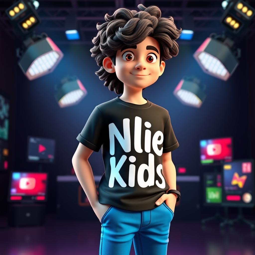 A vibrant 3D animated image of a teenage boy with long, curly hair, wearing a stylish black t-shirt featuring bold white 'Nlie Kids' lettering