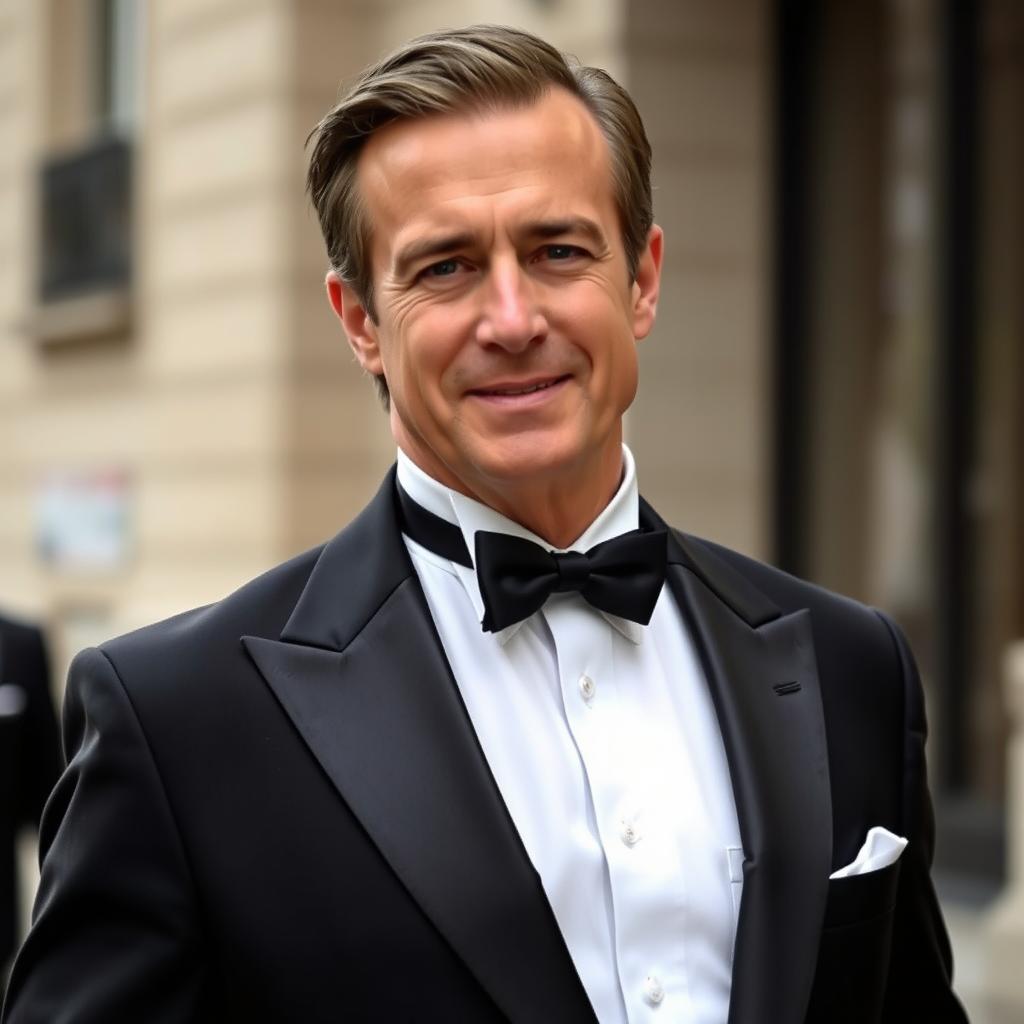 Philippe Porcher, the deputy mayor of Fleurines, France, exuding charisma and professionalism while dressed in a classic black tuxedo