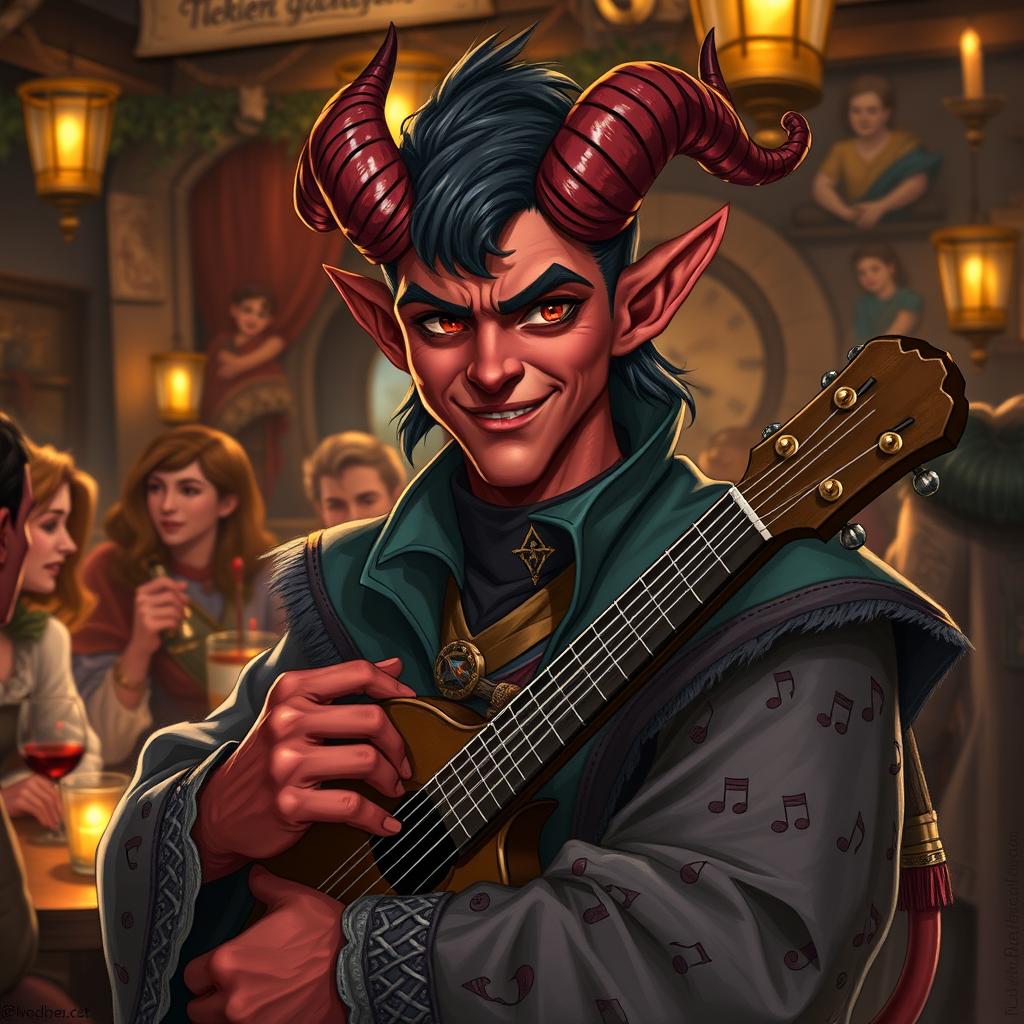 A portrait of a male tiefling bard from Dungeons and Dragons, featuring a timid expression and body language that suggests he is shy or cowardly