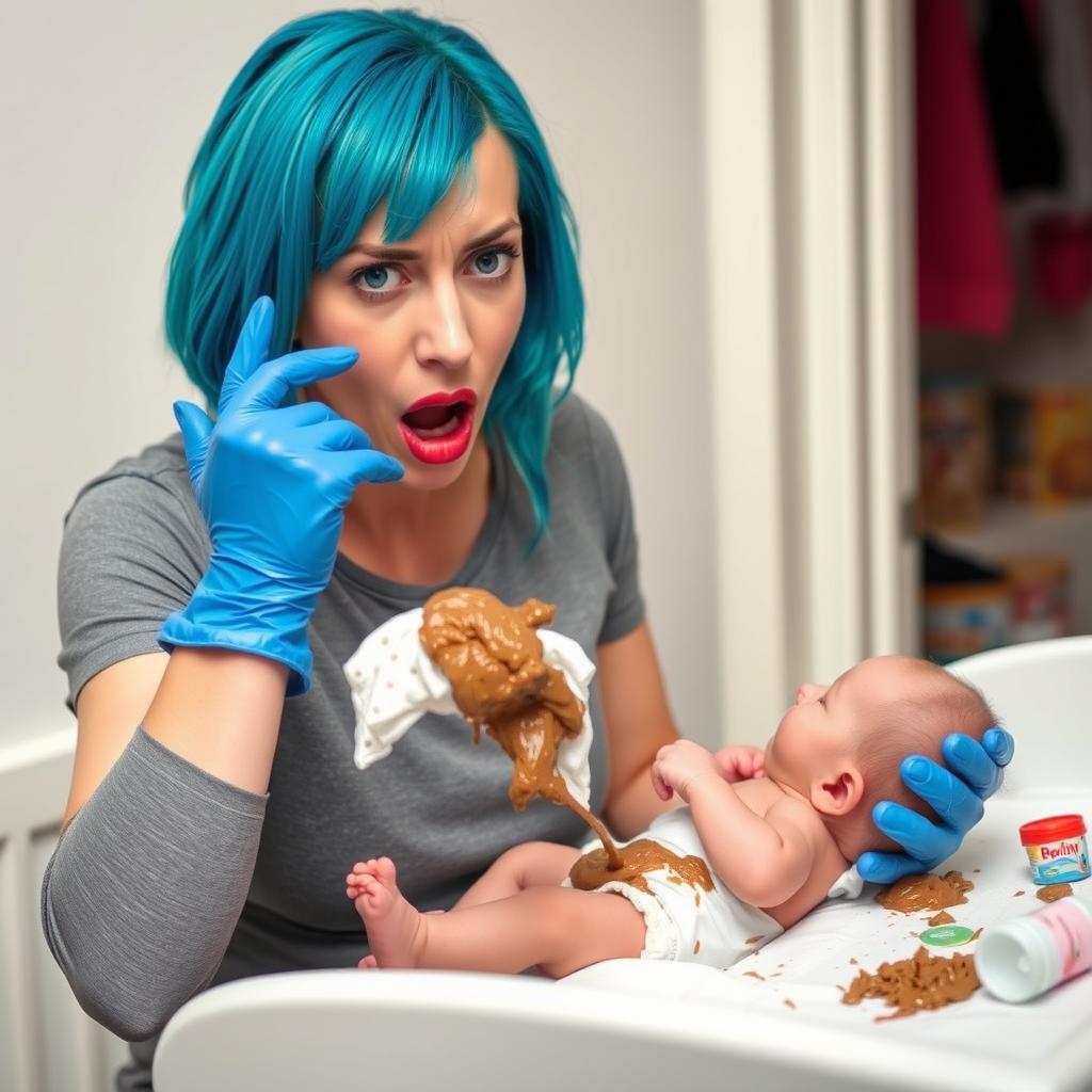 An Irish woman in her early 20s with vibrant blue hair, wearing blue vinyl gloves, is facing a changing table