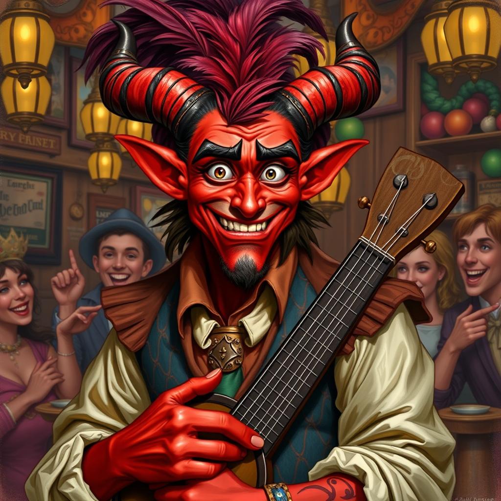 A comedic portrait of a male tiefling bard, featuring vivid red skin, curled horns, and a charming, mischievous smile