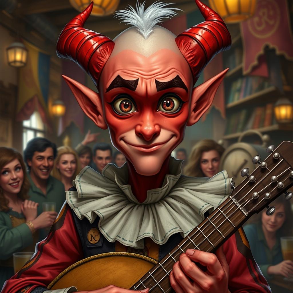 A humorous portrait of a male tiefling bard with a shaven head, showcasing bright red skin and curled horns