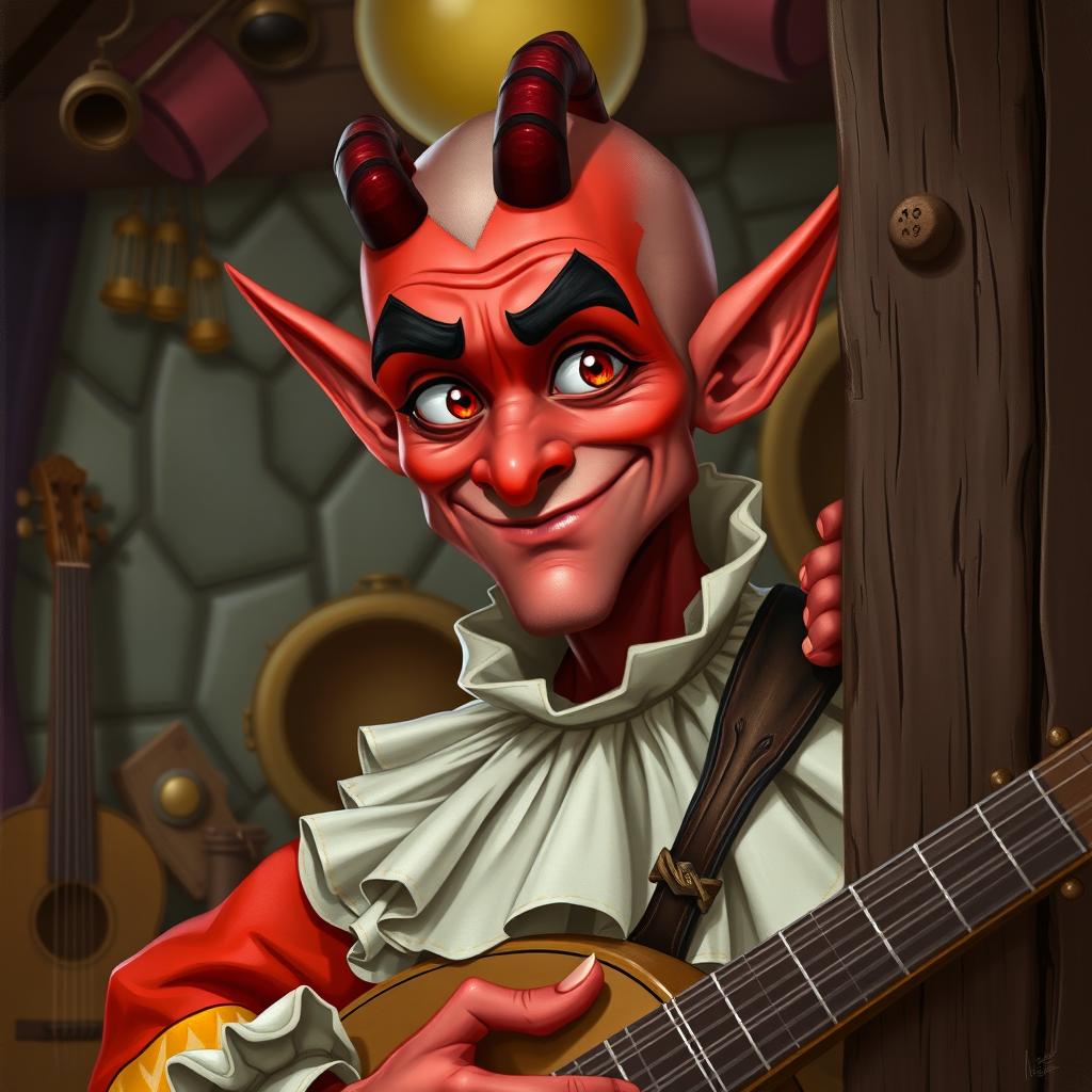A humorous portrait of a male tiefling bard with a shaven head, exhibiting a cowardly demeanor