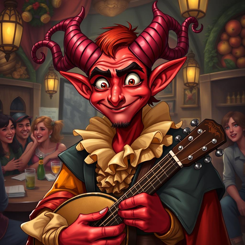 A lighthearted portrait of a male tiefling bard, showcasing his vibrant red skin and intricately curled horns