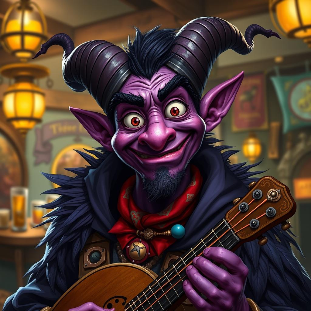 A portrait of a male tiefling bard showcasing a funny expression, capturing his playful and mischievous personality