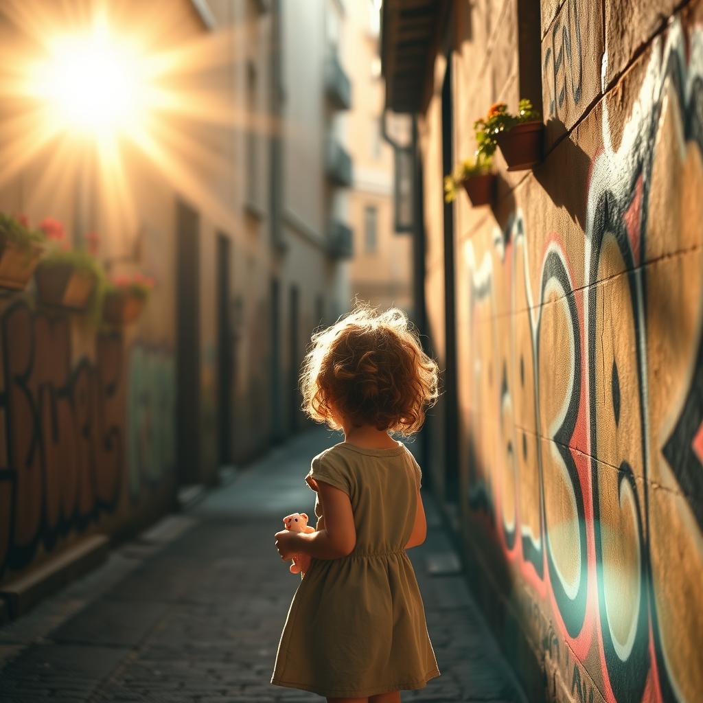 A small girl looking towards the west while standing in a city alley