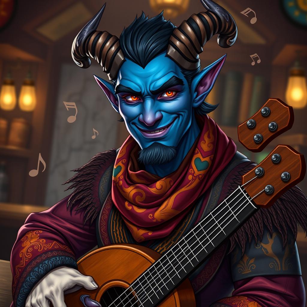 A striking portrait of a male tiefling bard displaying a confident smirk, showcasing his charming and roguish personality