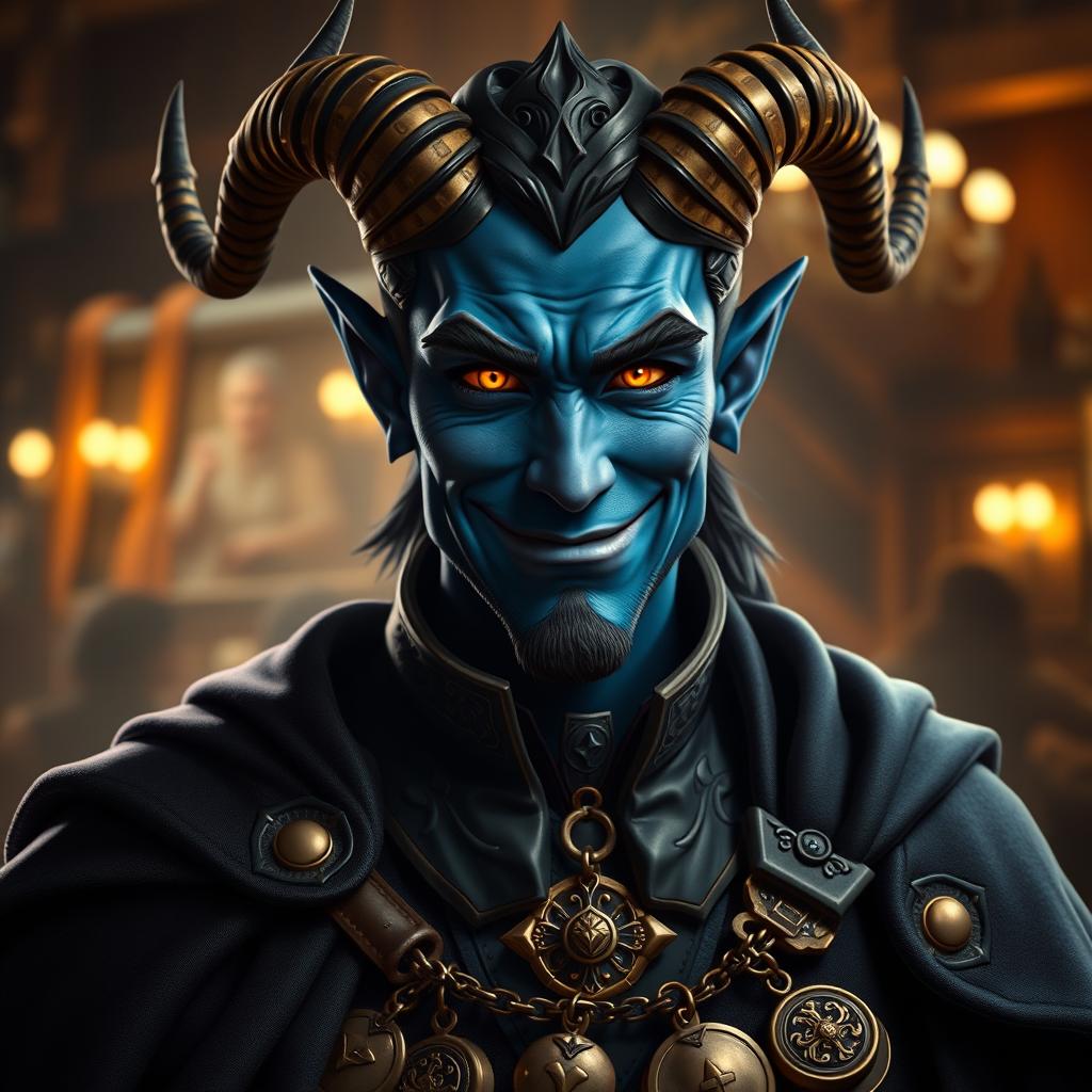 A realistic portrait of a male tiefling bard displaying a confident smirk, embodying charisma and charm