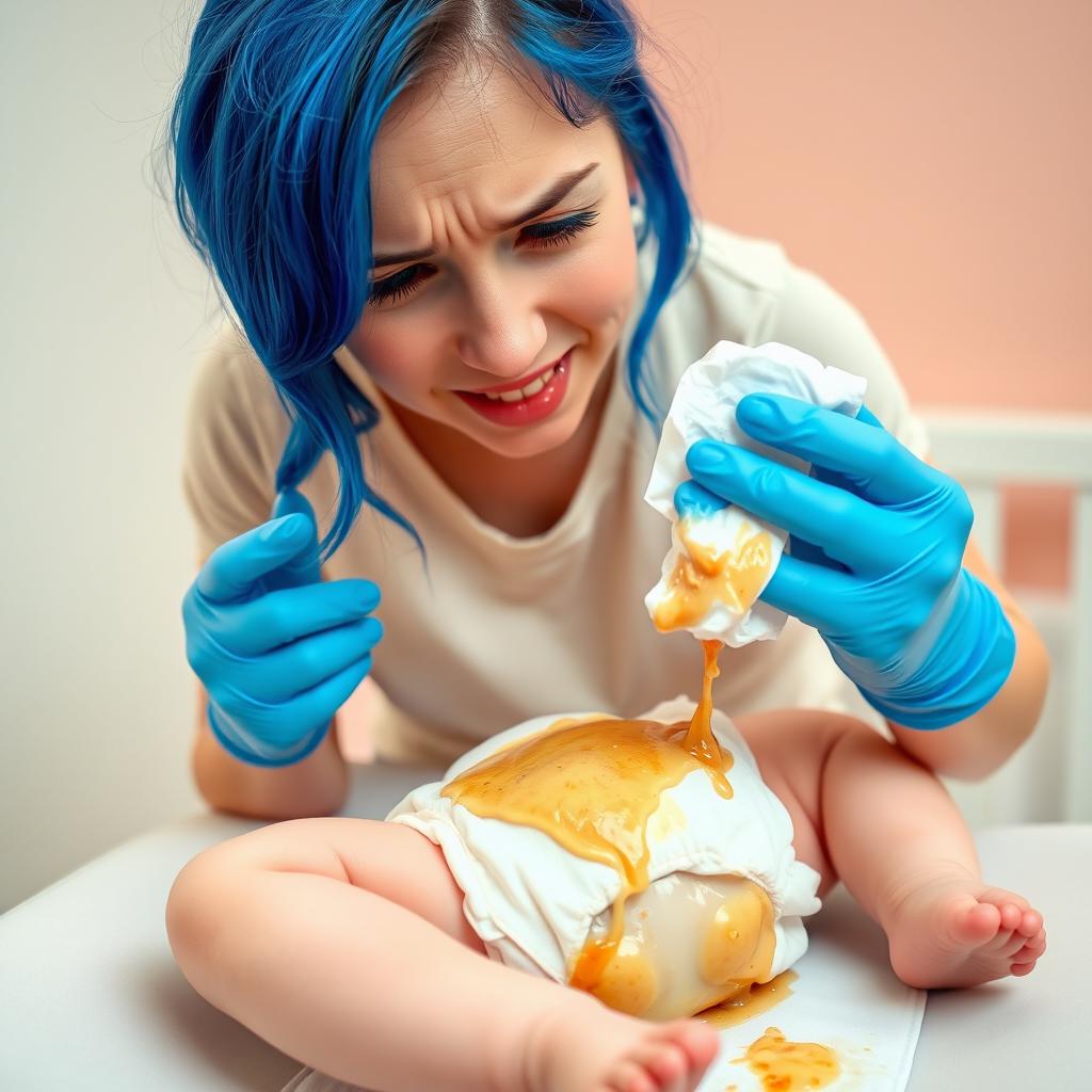 A young Irish woman with vibrant blue hair in her late teens is changing a baby's diaper on a changing table