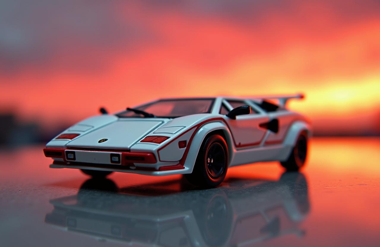 A stunning image of a Lamborghini Countach Hotwheels toy car, modeled in classic white with striking red and black details