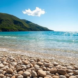 A picturesque beach scene with smooth pebbles scattered along the shoreline