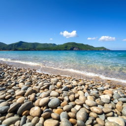 A picturesque beach scene with smooth pebbles scattered along the shoreline