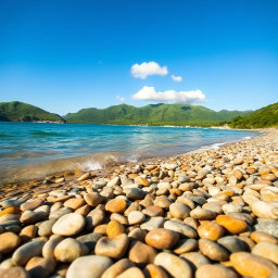 A picturesque beach scene with smooth pebbles scattered along the shoreline
