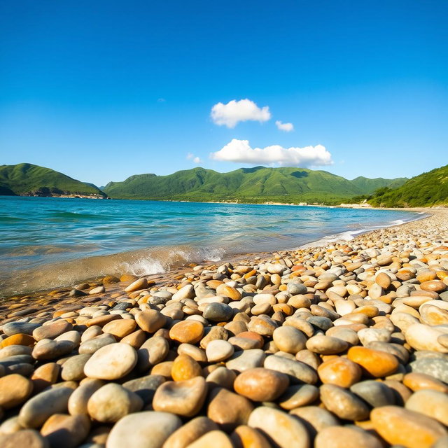 A picturesque beach scene with smooth pebbles scattered along the shoreline