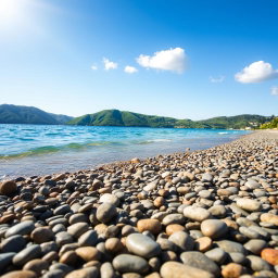 A picturesque beach scene with smooth pebbles scattered along the shoreline