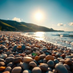 A picturesque beach scene featuring smooth pebbles strewn across the shoreline, with gentle waves lapping at the water's edge